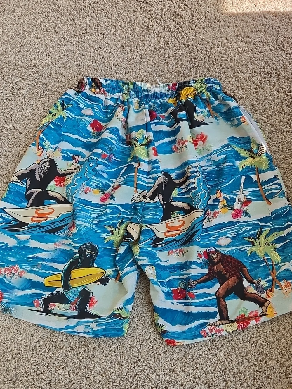 Boys Swim Trunks Hawaiian Island With Sasquatch Bigfoot Pattern Size Large